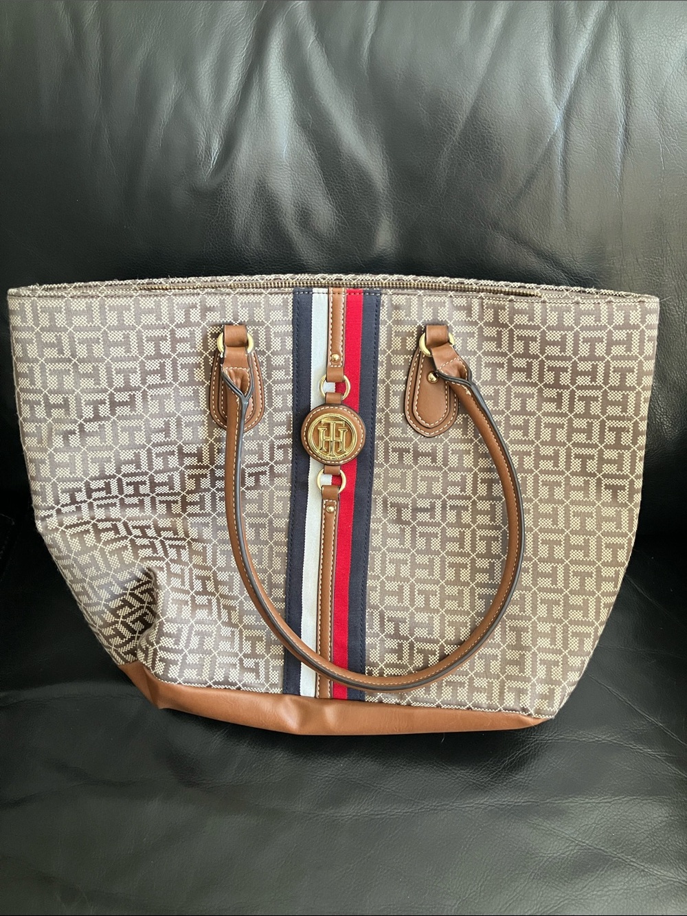 Tommy Hilfiger Purse Monogrammed Tote Zip Top Gold Hardware As Is Shoulder Bag